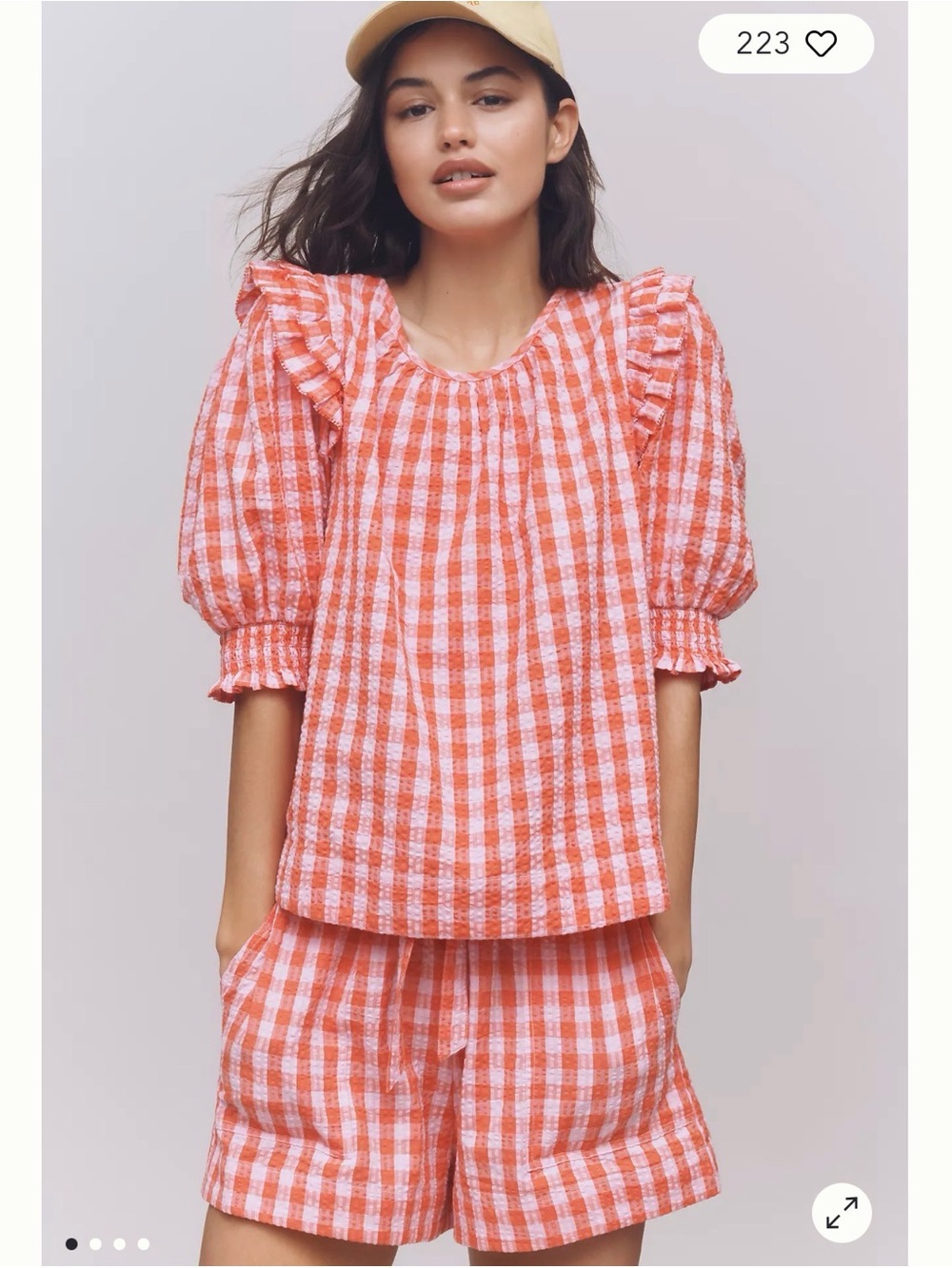 Love the Label Penelope Gingham Ruffle Sleeve Blouse in Coral Pink